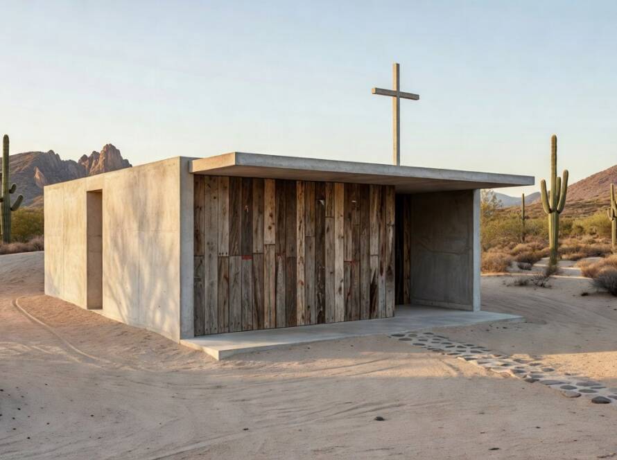 Capela oratória minimalista e sustentável revelada pelo Estúdio S-AR no México, com arquitetura simples integrada à paisagem desértica.