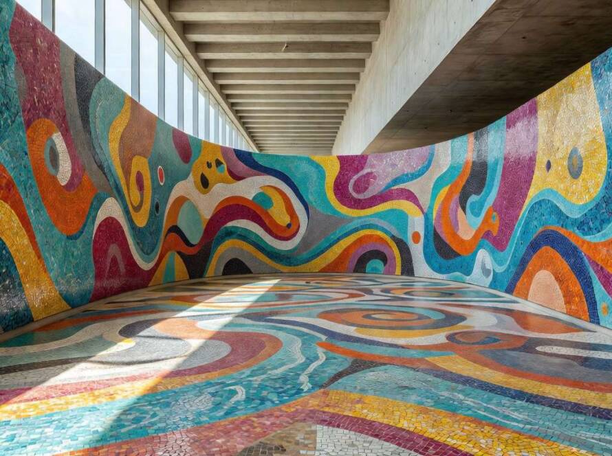 Instalação de mosaicos imersivos e designs inovadores em pavilhão de design no Brasil, inspirado na Milan Design Week 2026.