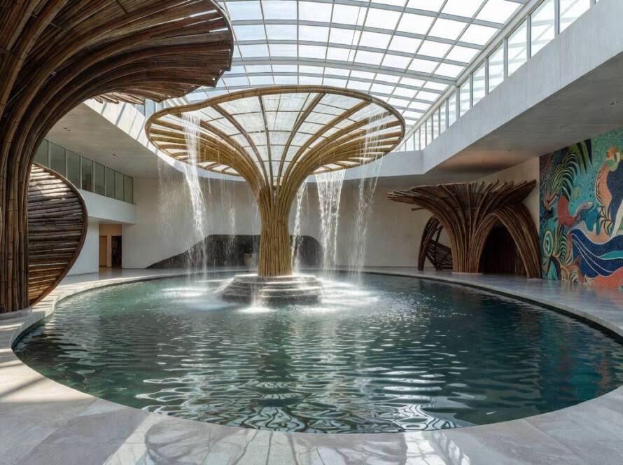 Instalação imersiva Aqua Sanctuary da Grohe SPA, com elementos aquáticos e design moderno no Brasil.