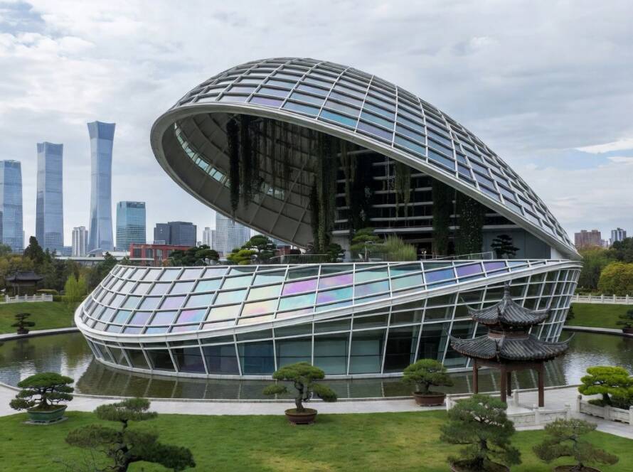 Biblioteca em forma de concha que abre e fecha inaugurada pelo LUO Studio em Pequim.