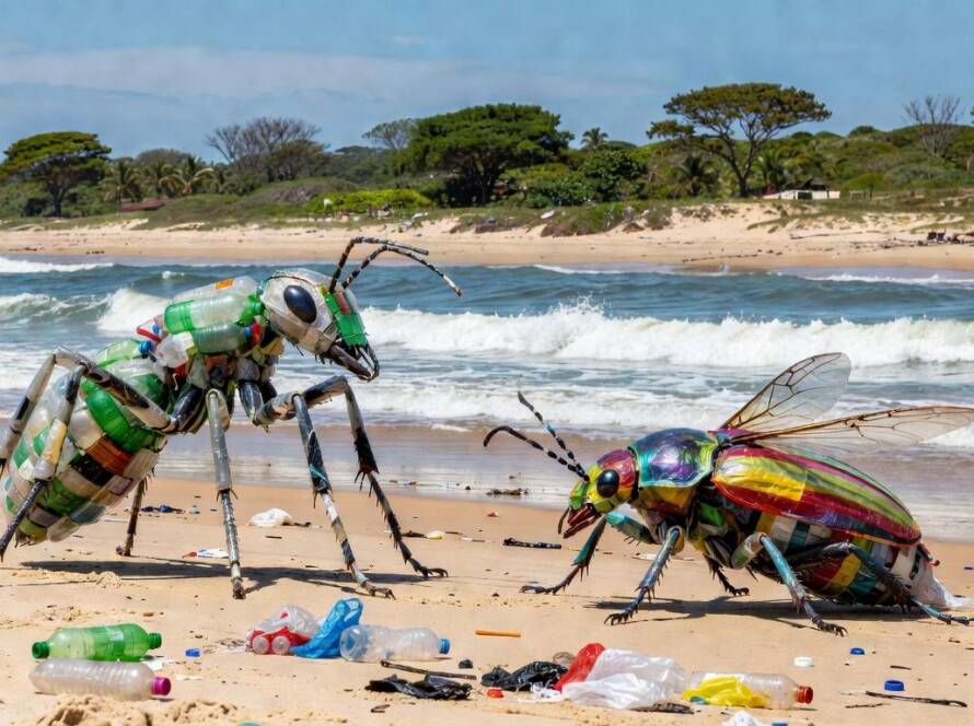 Esculturas de insetos feitas de plásticos descartados em praia brasileira, alertando sobre crise ambiental.