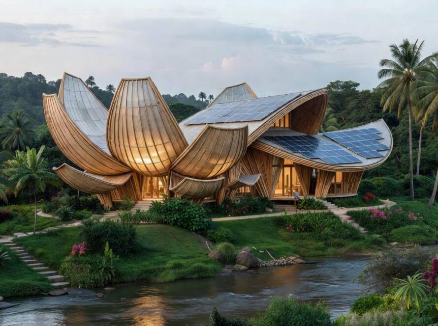 Edifício Lotus Clubhouse no Vietnã com design sustentável e integração à natureza.