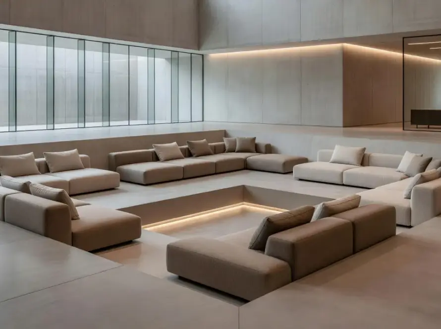 Conversation pit moderno reinventado em exposição de design no Brasil