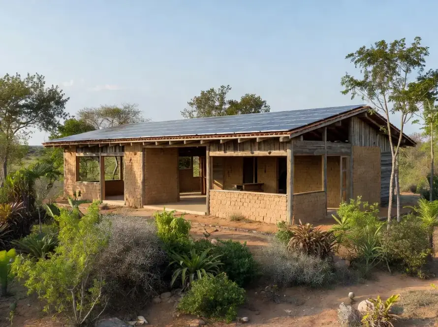 Centro comunitário sustentável em área rural brasileira com arquitetura ecológica e painéis solares