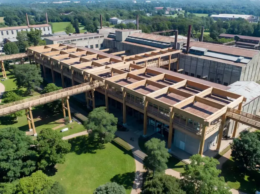 Hub de madeira maciça com passarelas sobre fábrica em parque