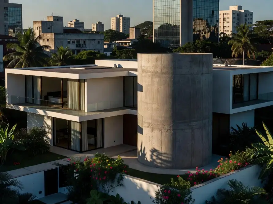 Residência moderna com cilindro opaco em cenário urbano brasileiro
