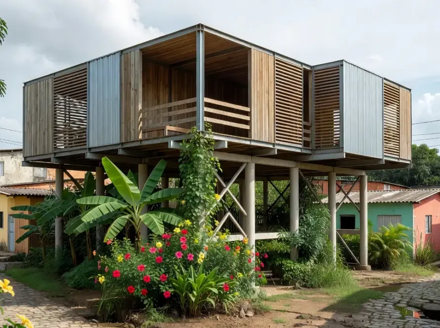 Pavilhão modular elevado em área urbana brasileira para resistir inundações