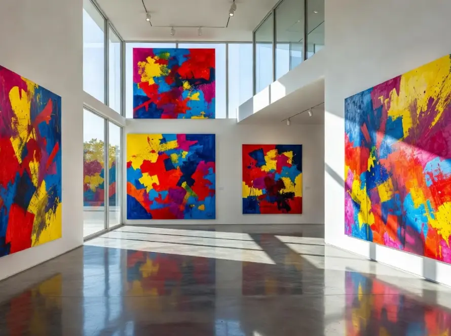 Exposição Chroma com obras abstratas coloridas em galeria de arte no Brasil