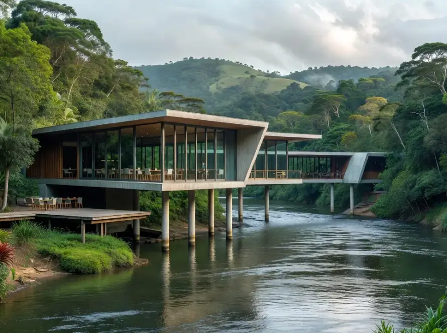 Restaurante moderno integrado ao rio em cenário natural brasileiro