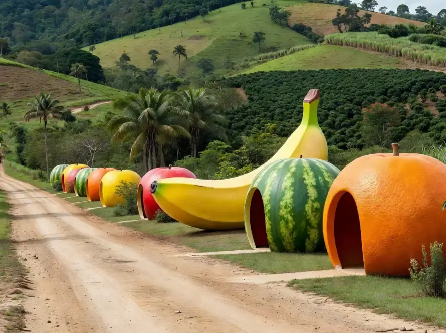 Abrigos em formato de frutas gigantes em rota rural brasileira