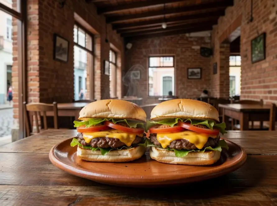 Hambúrgueres smash em restaurante brasileiro com identidade de marca