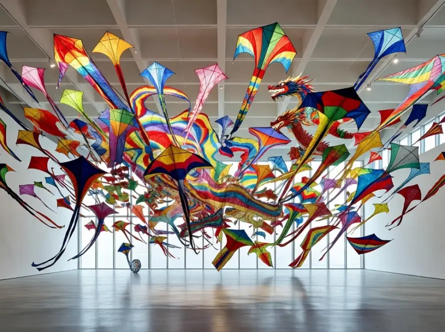 Instalação com milhares de pipas coloridas em museu de arte contemporânea