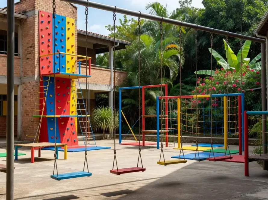 Pátio de escola no Brasil com playground vertical colorido
