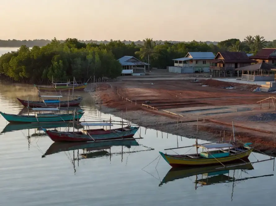 Área costeira em Pattani, Tailândia, com barcos de pesca e terreno para construção do hub comunitário