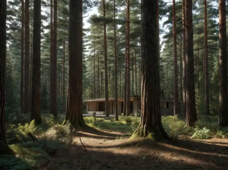 Casa moderna entre pinheiros centenários preservando o bosque na Polônia
