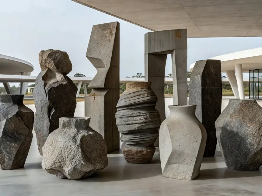 Coleção de vasos esculturais inspirados em rochas e arquitetura.