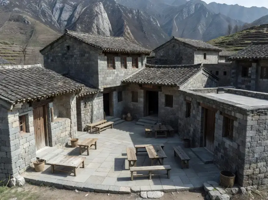 Casas de pedra transformadas em espaço comunitário na China pelo StudioTiltedCircle
