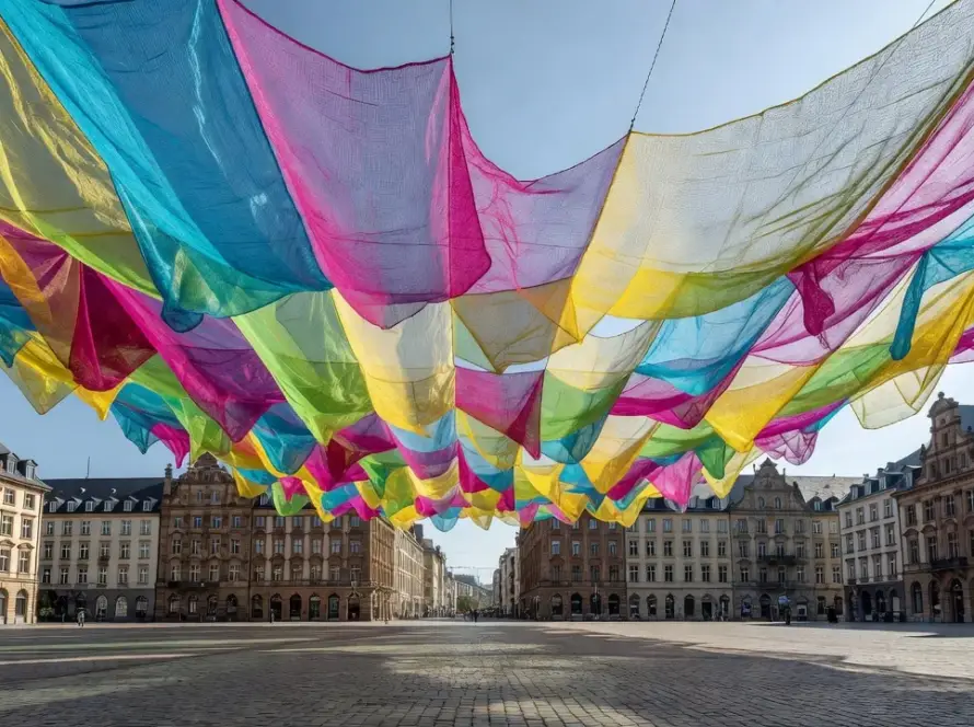 Rede gigante colorida de Janet Echelman flutuando sobre praça em Frankfurt