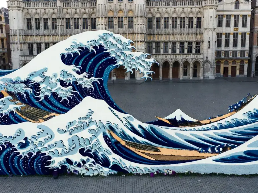 Tapete de flores em Bruxelas recriando A Grande Onda de Kanagawa com dálias