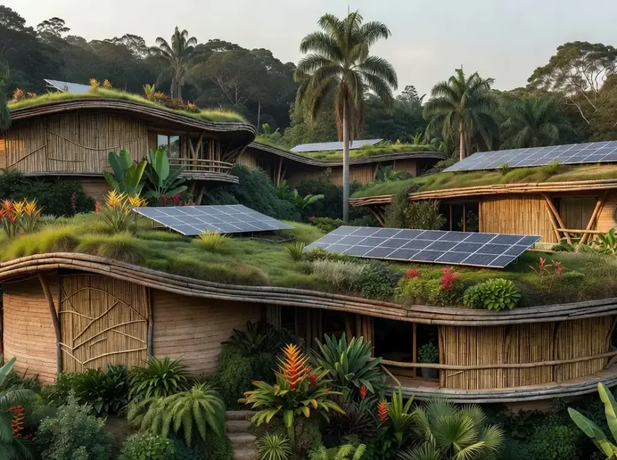 Residências curvas sustentáveis em paisagem tropical brasileira