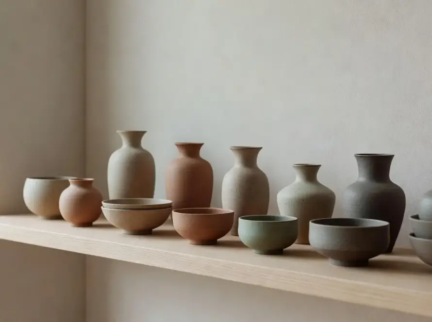 Seleção de cerâmicas japonesas e artesanato manual em loja