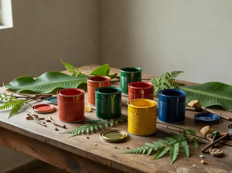 Latas de tintas biodegradáveis e não tóxicas em estúdio de arte no Brasil