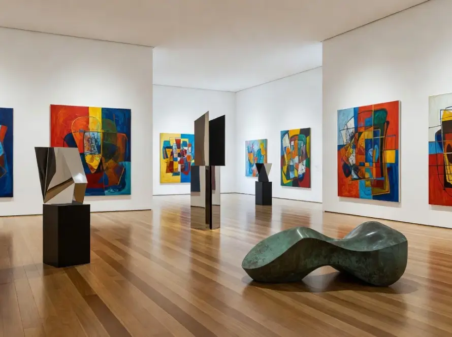 Exposição de arte contemporânea com obras abstratas em galeria