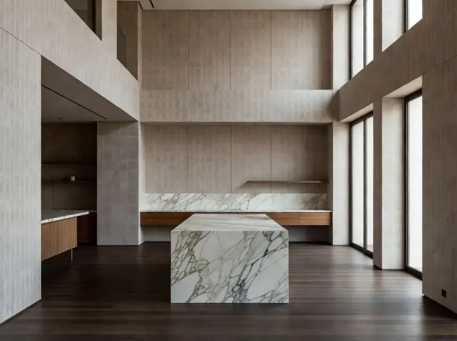 Interior luxuoso com papel de parede como elemento estrutural em projeto de luxo