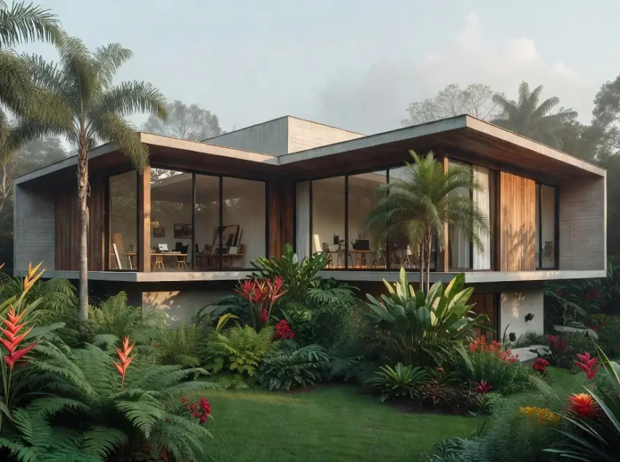 Casa moderna no Brasil com ateliê e jardim integrado