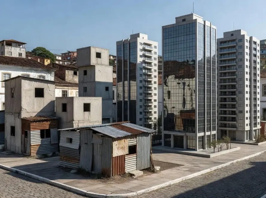 Instalação artística sobre crise habitacional em praça pública brasileira