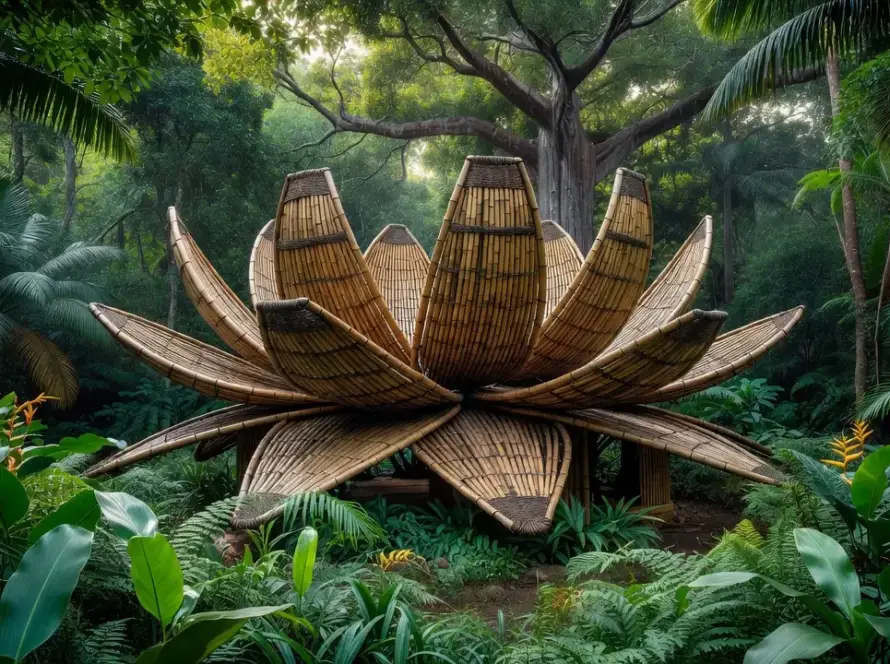 Pavilhão de bambu em forma de lótus em ambiente tropical no Brasil