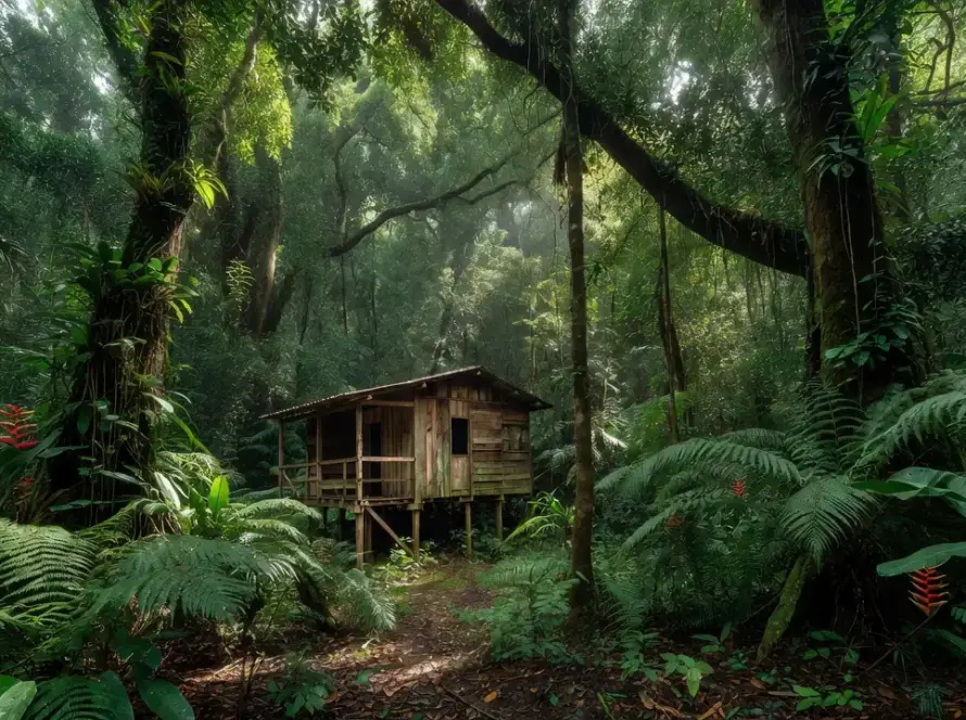 Casa de 53 m² construída sobre plataformas em floresta tropical brasileira