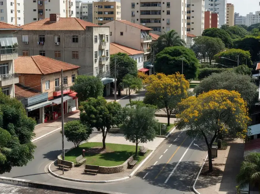 Bairro urbano brasileiro com ruas arborizadas e prédios mistos representando o modelo de cidade de 15 minutos