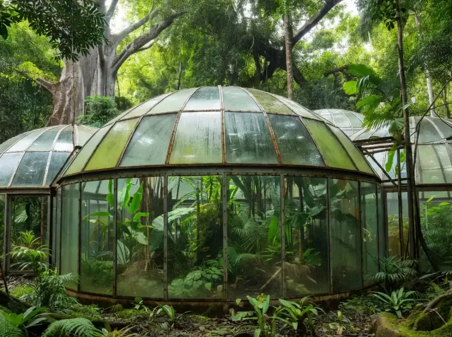 Biosfera experimental com cúpulas de vidro em floresta tropical brasileira